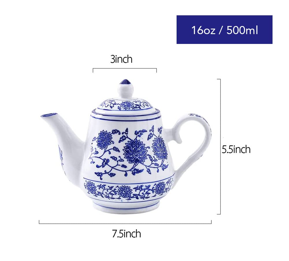 Blue and White Ceramic Small Teapot 500 ml Retro Flower Tea Coffee Pot with Lid
