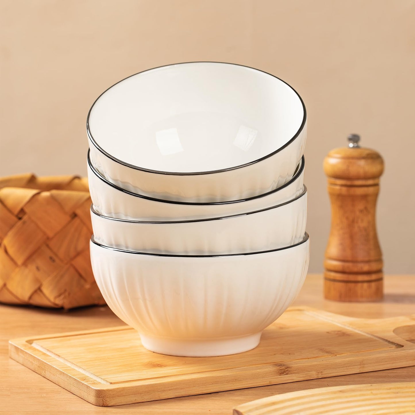 Ceramic Cereal Bowls Set of 4 - 700ml Premium White Porcelain 15x8cm