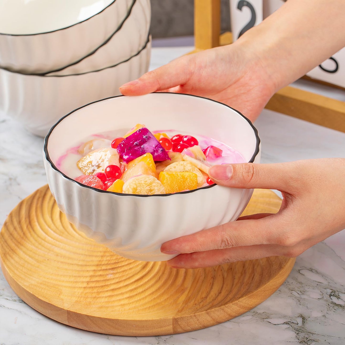 Ceramic Cereal Bowls Set of 4 - 700ml Classic White Round 15x8cm