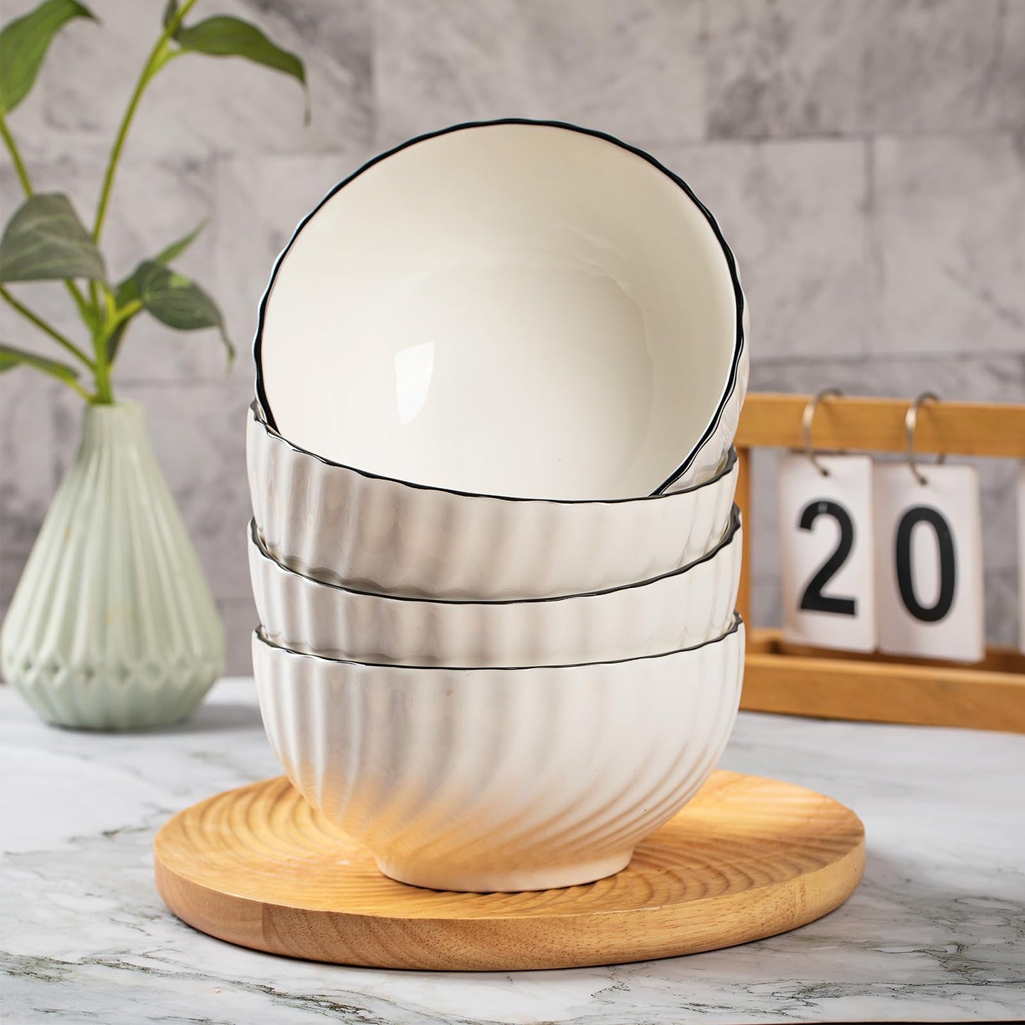 Ceramic Cereal Bowls Set of 4 - 700ml Classic White Round 15x8cm