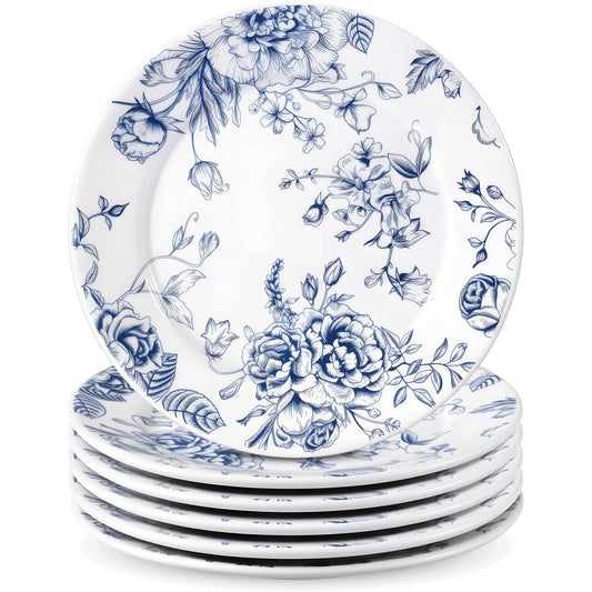 Ceramic Floral Plates Set of 6 6 Inch Blue and White Salad Dessert Plates