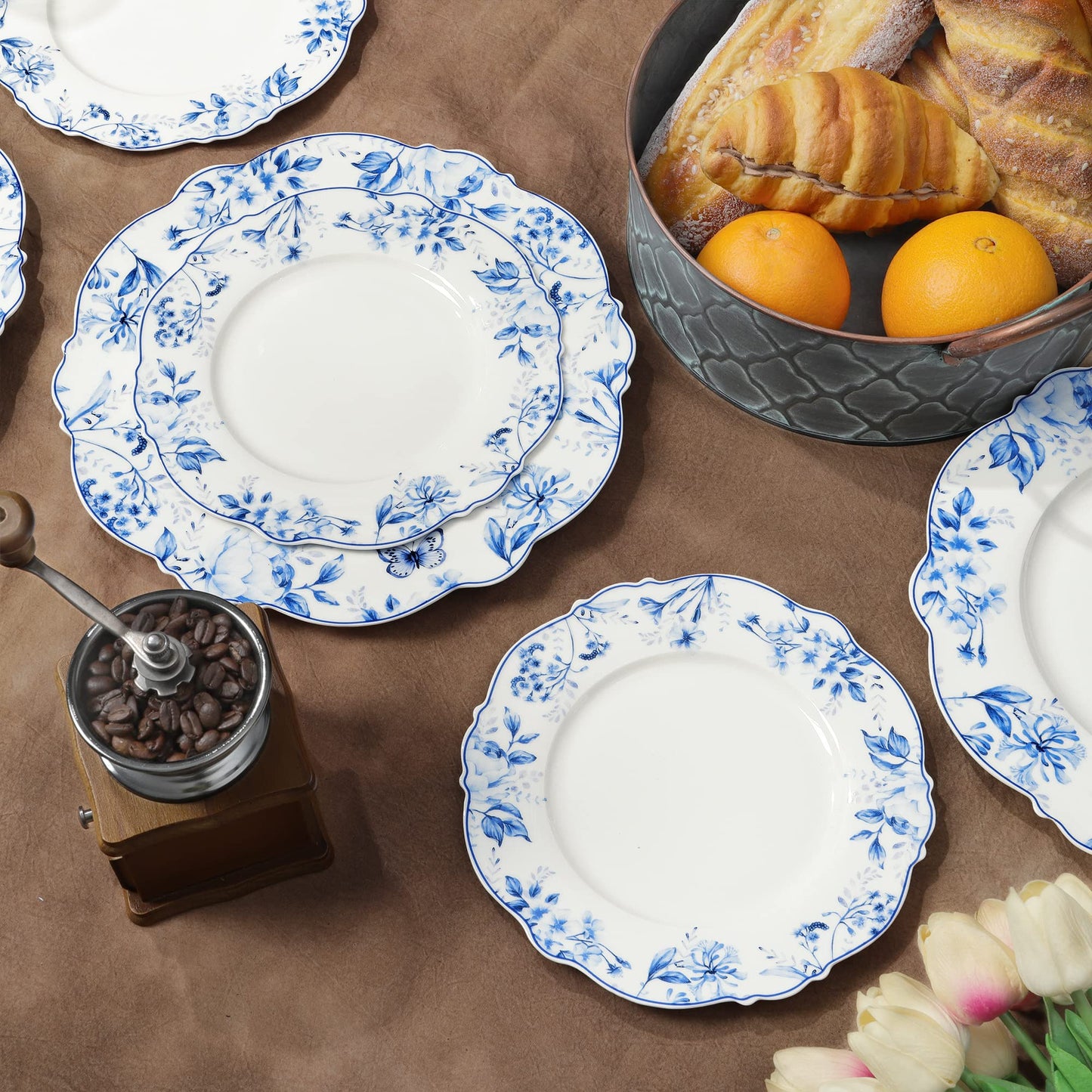 Floral Porcelain Dessert Plates Set of 4 20.5 cm Light Blue Plates
